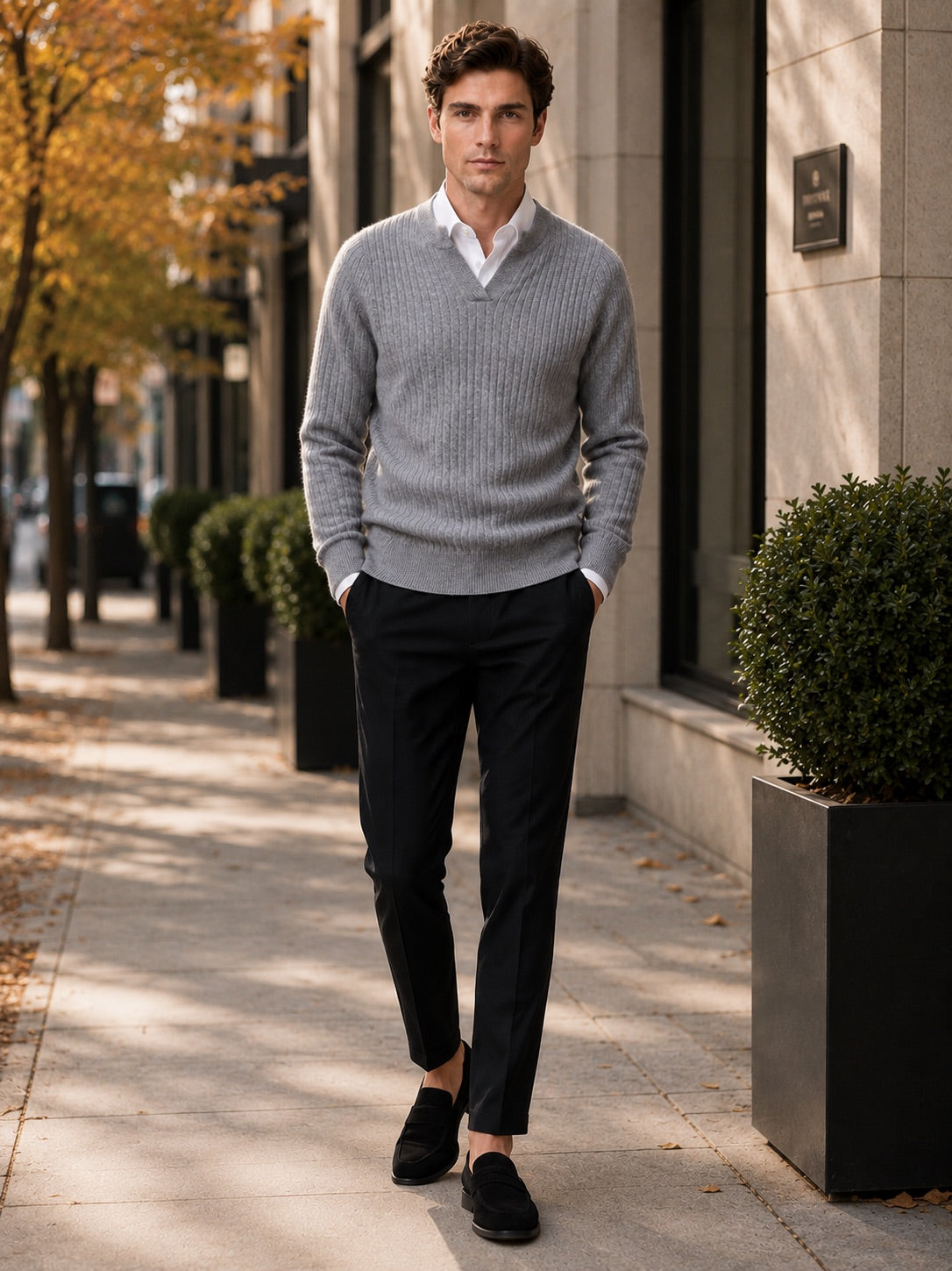 Men’s Merino Wool Open Collar Jumper Warm Autumn Winter Knit Top for Business Casual and Everyday Wear