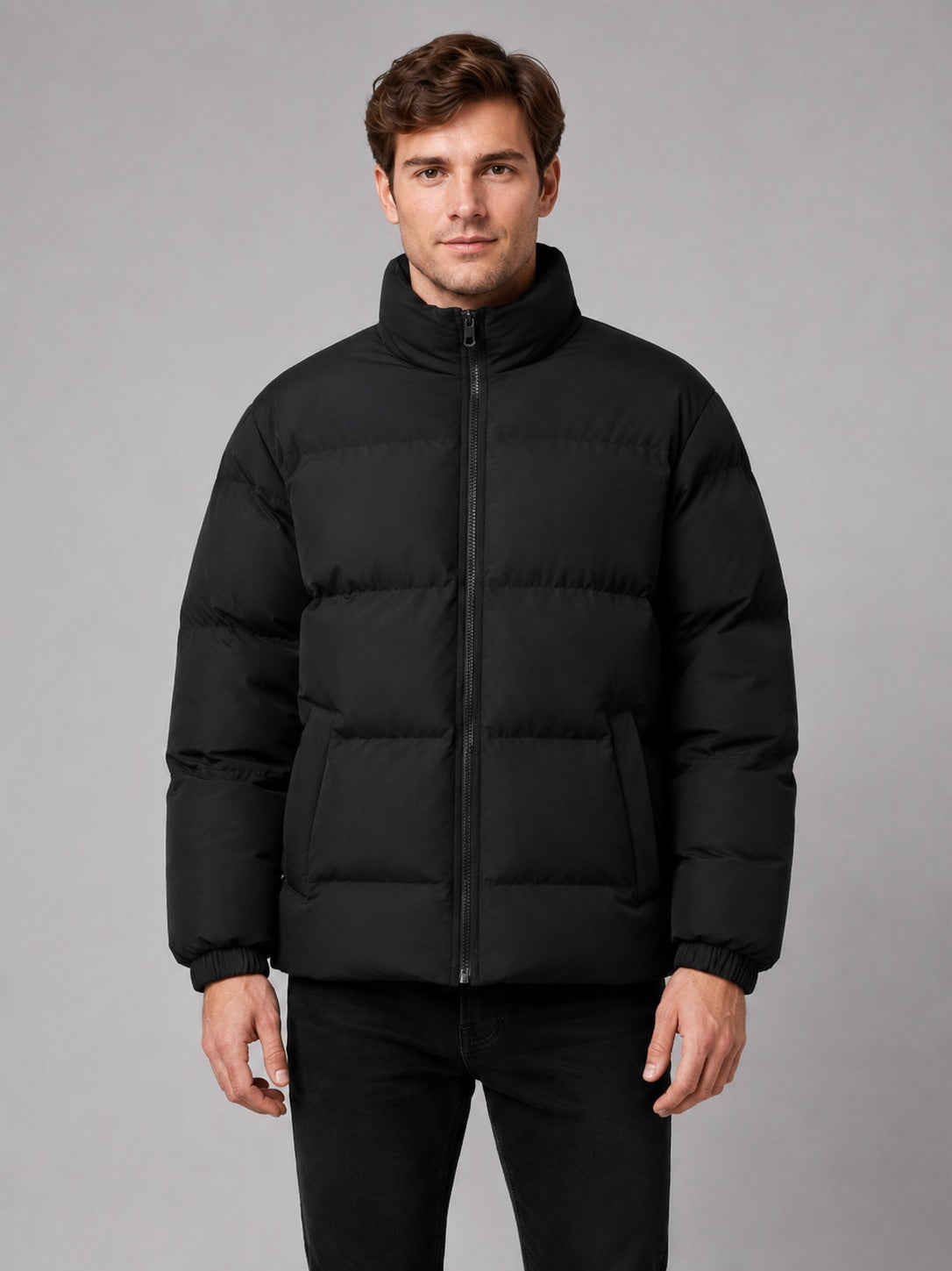 Men’s Puffer Jacket Stand Collar Thick Warm Winter Coat for Outdoor and Everyday Wear
