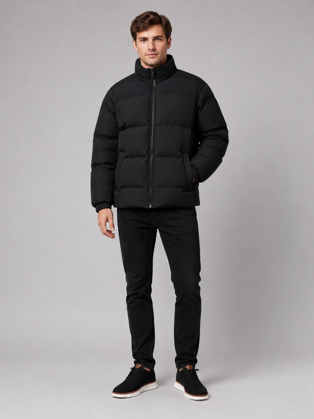 Men’s Puffer Jacket Stand Collar Thick Warm Winter Coat for Outdoor and Everyday Wear