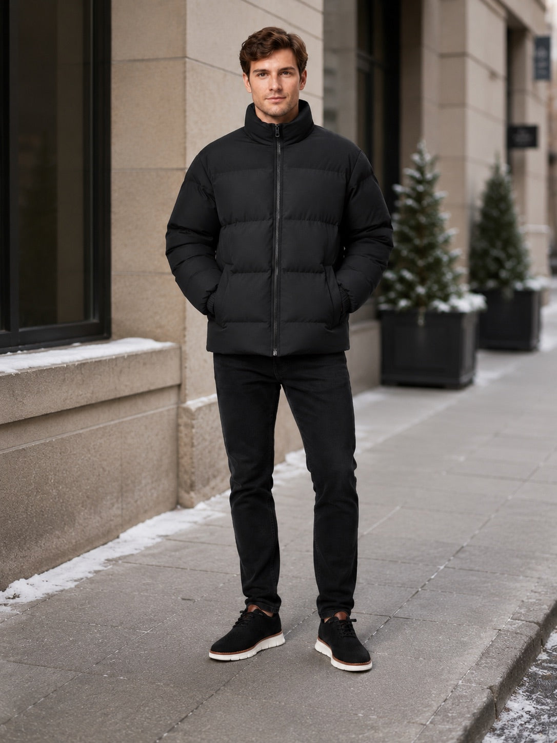 Men’s Puffer Jacket Stand Collar Thick Warm Winter Coat for Outdoor and Everyday Wear