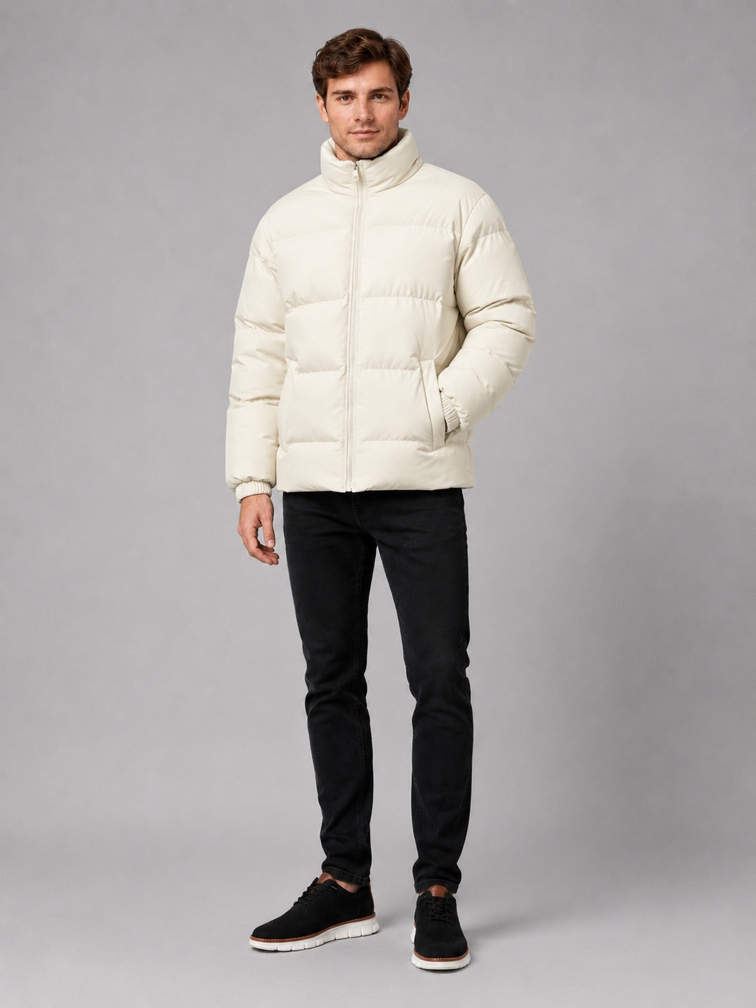 Men’s Puffer Jacket Stand Collar Thick Warm Winter Coat for Outdoor and Everyday Wear