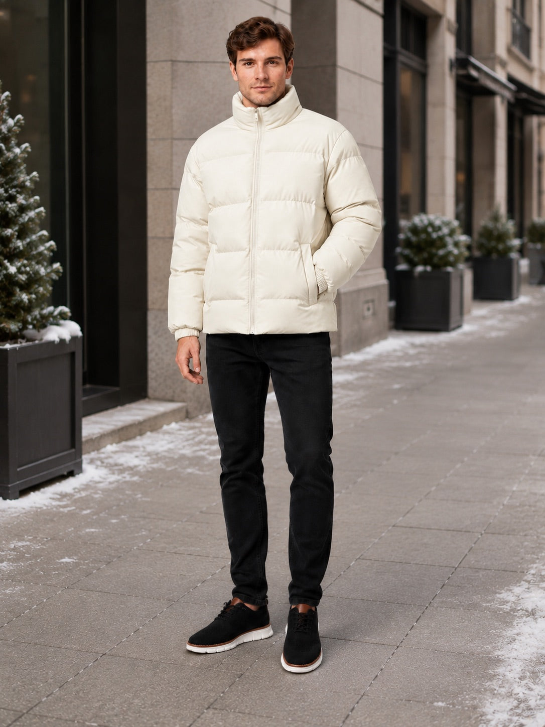 Men’s Puffer Jacket Stand Collar Thick Warm Winter Coat for Outdoor and Everyday Wear