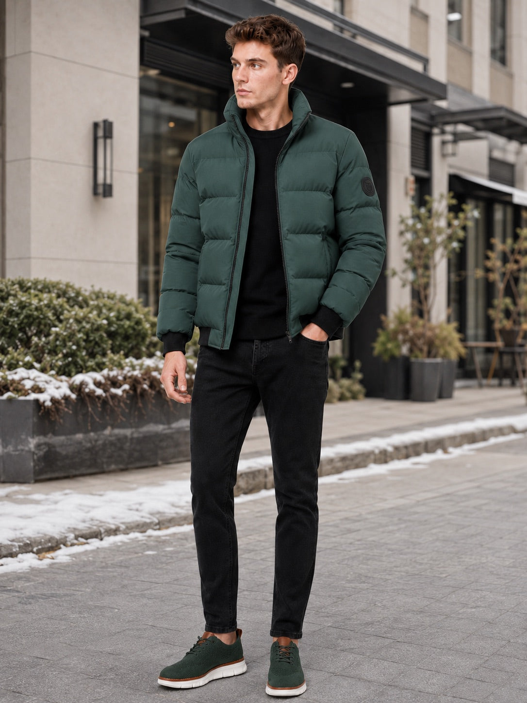 Men’s Puffer Jacket Thick Warm Solid Colour Zip-Up Winter Casual Coat for Everyday Wear