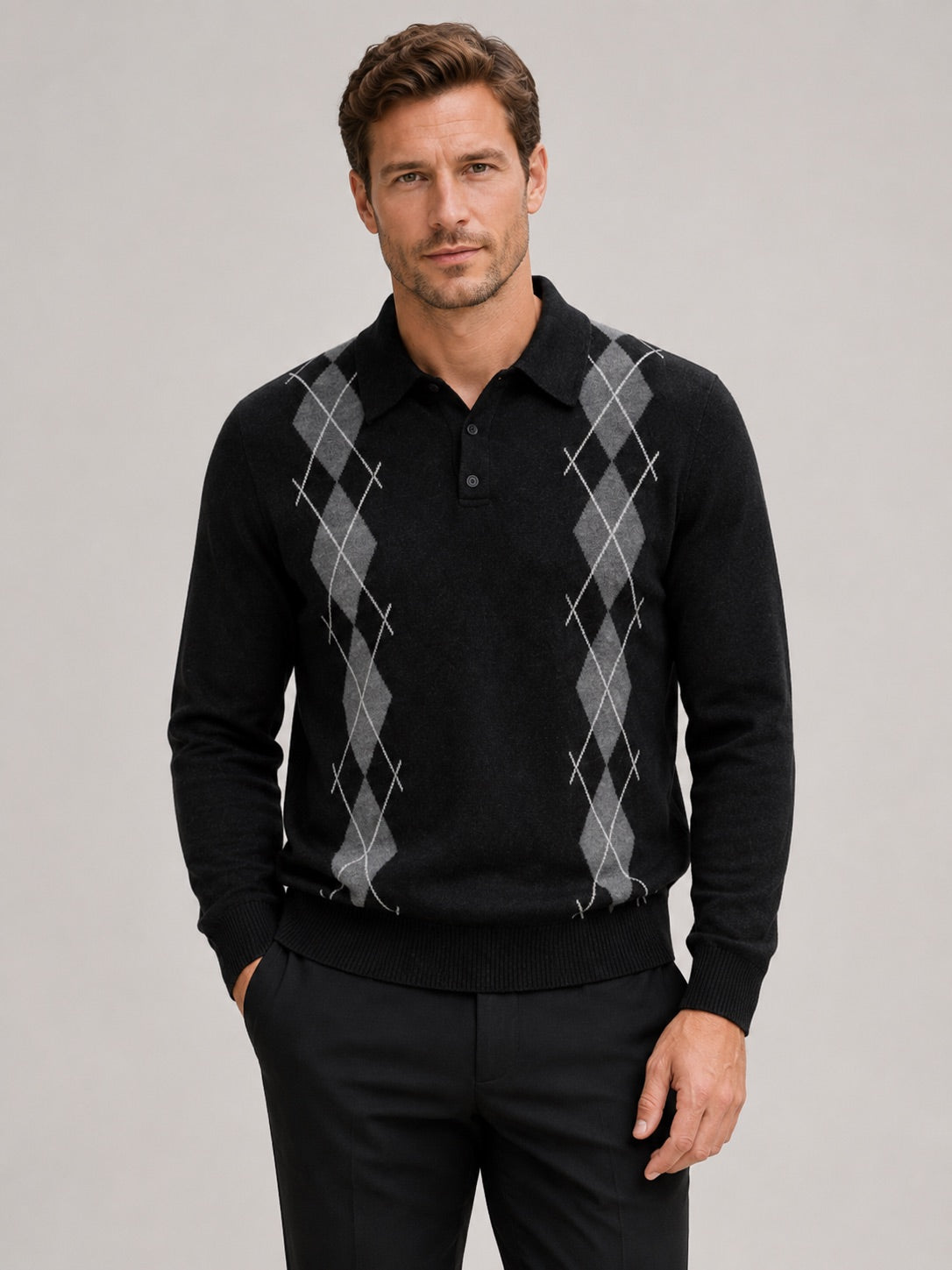 Men’s Argyle Jumper Check Knit Contrast Collar Long Sleeve Autumn Winter Jumper for Business Casual and Everyday Wear