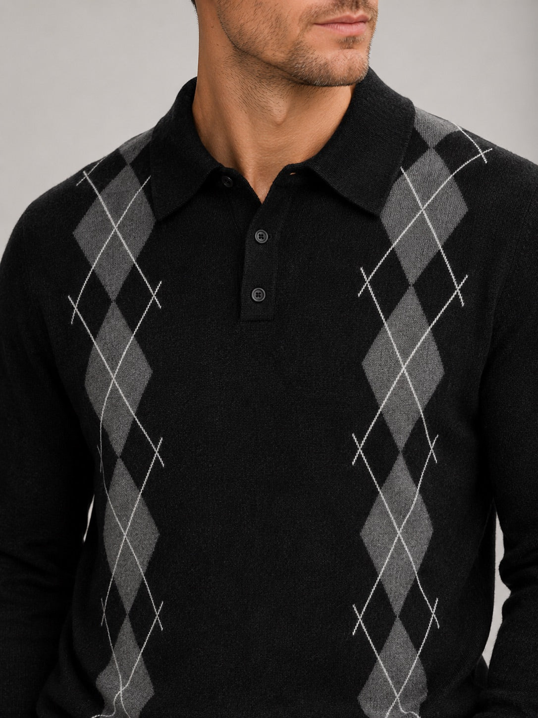 Men’s Argyle Jumper Check Knit Contrast Collar Long Sleeve Autumn Winter Jumper for Business Casual and Everyday Wear