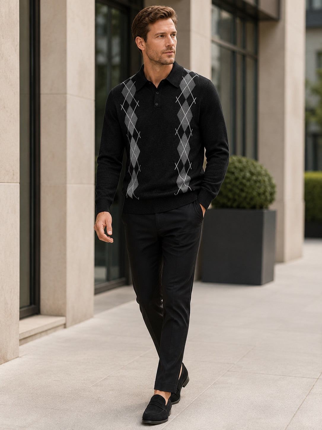 Men’s Argyle Jumper Check Knit Contrast Collar Long Sleeve Autumn Winter Jumper for Business Casual and Everyday Wear