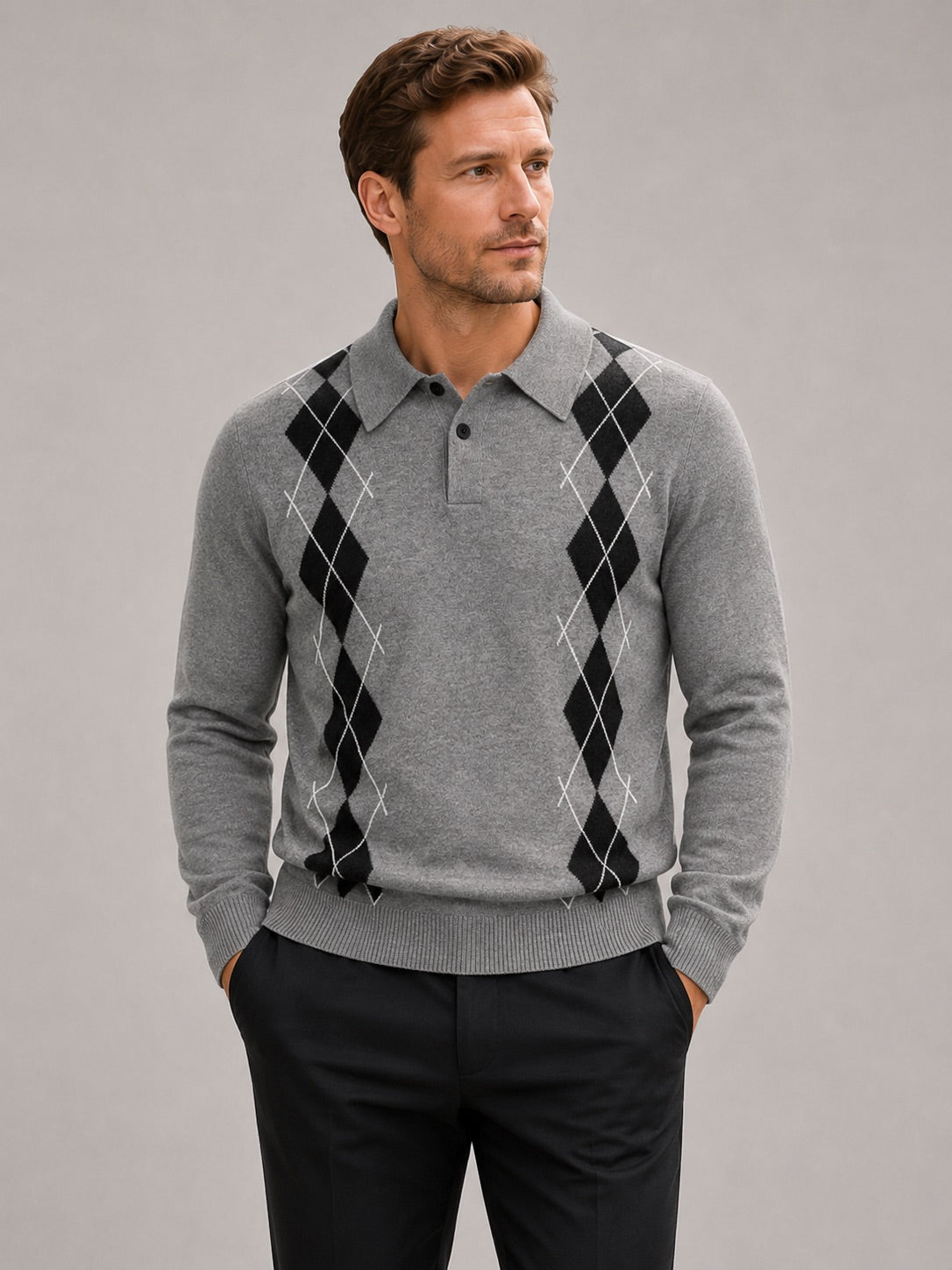 Men’s Argyle Jumper Check Knit Contrast Collar Long Sleeve Autumn Winter Jumper for Business Casual and Everyday Wear