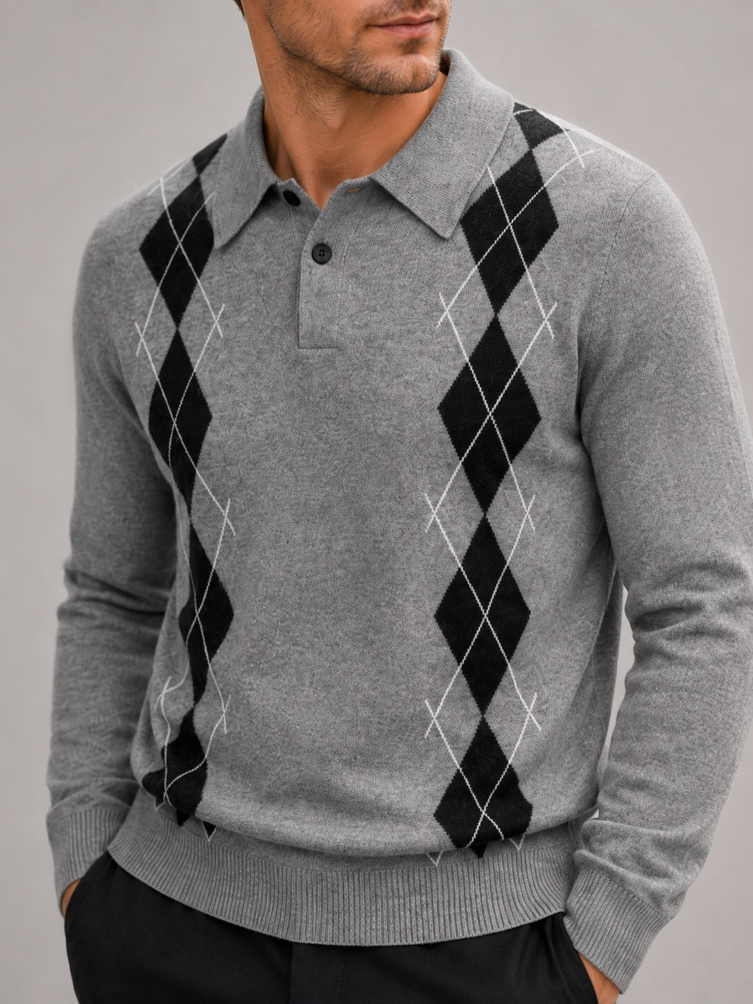Men’s Argyle Jumper Check Knit Contrast Collar Long Sleeve Autumn Winter Jumper for Business Casual and Everyday Wear
