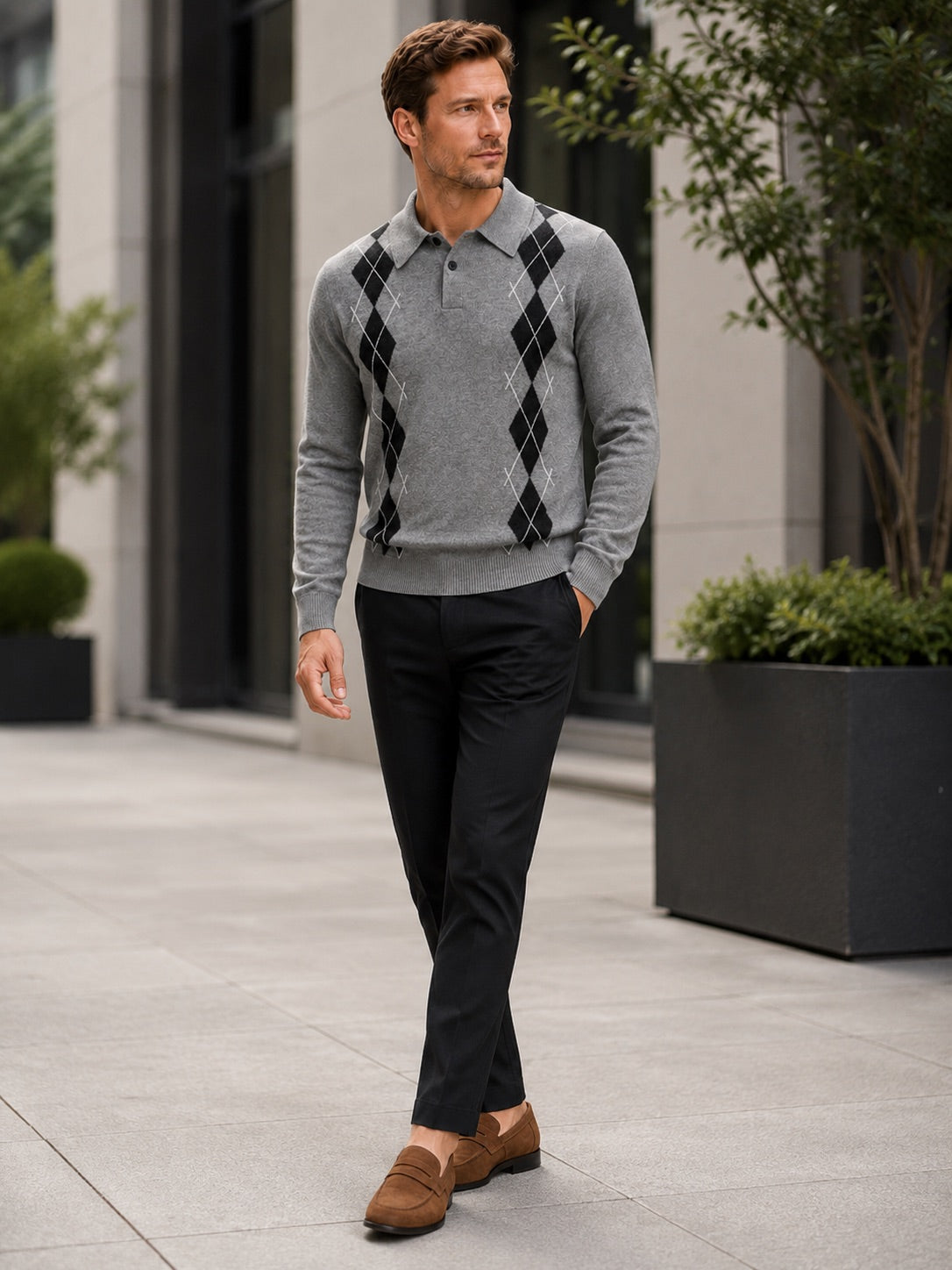 Men’s Argyle Jumper Check Knit Contrast Collar Long Sleeve Autumn Winter Jumper for Business Casual and Everyday Wear