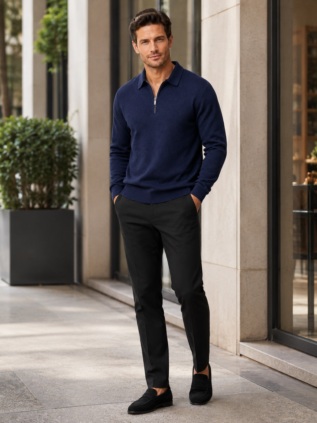 Men’s Quarter Zip Jumper Polo Lightweight Knit Long Sleeve Autumn Winter Pullover for Business Casual and Everyday Wear