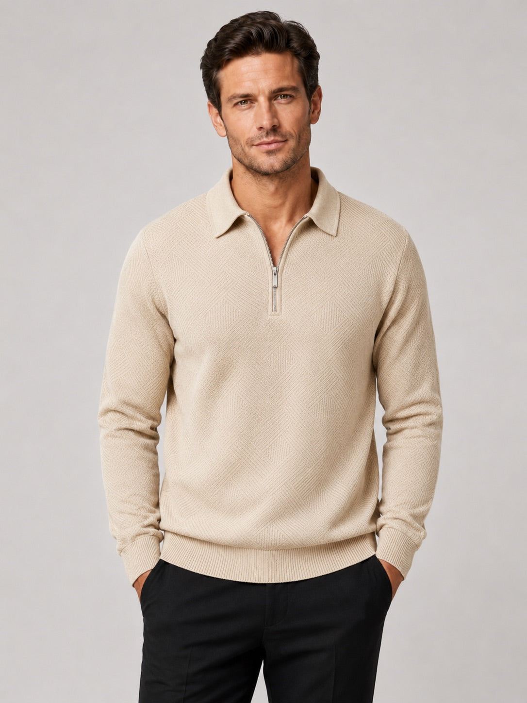 Men’s Quarter Zip Jumper Polo Lightweight Knit Long Sleeve Autumn Winter Pullover for Business Casual and Everyday Wear