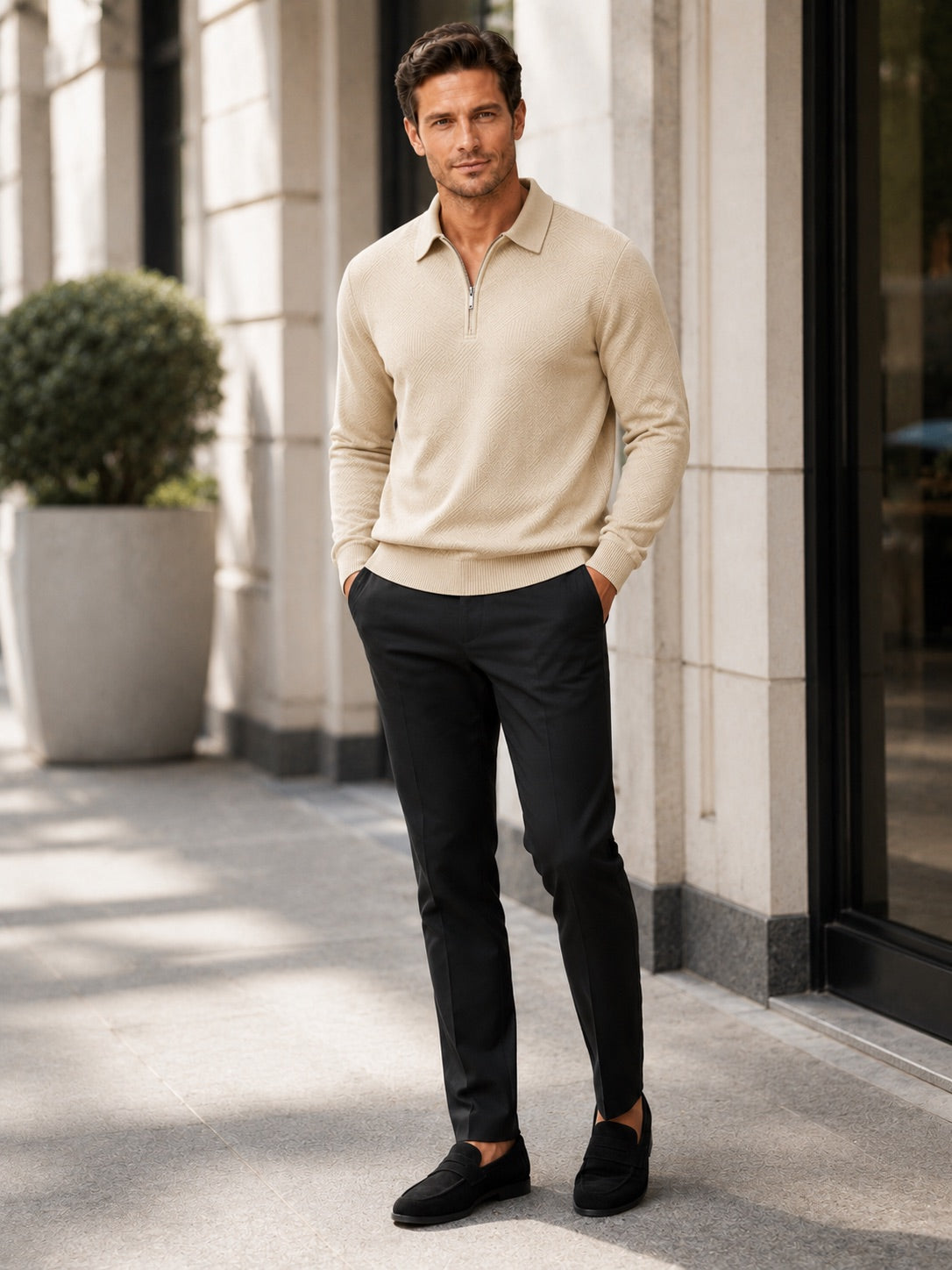 Men’s Quarter Zip Jumper Polo Lightweight Knit Long Sleeve Autumn Winter Pullover for Business Casual and Everyday Wear