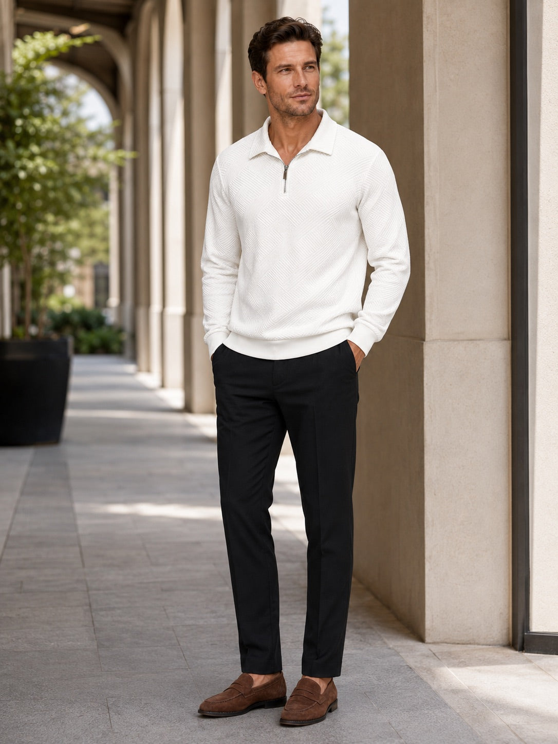Men’s Quarter Zip Jumper Polo Lightweight Knit Long Sleeve Autumn Winter Pullover for Business Casual and Everyday Wear