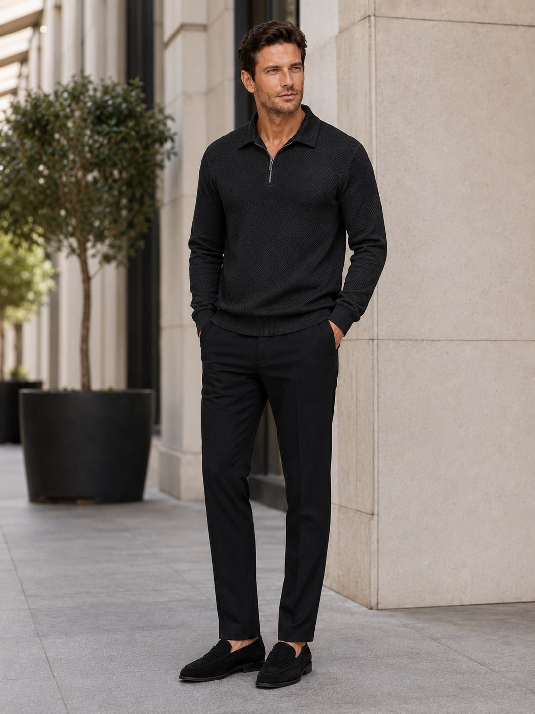 Men’s Quarter Zip Jumper Polo Lightweight Knit Long Sleeve Autumn Winter Pullover for Business Casual and Everyday Wear