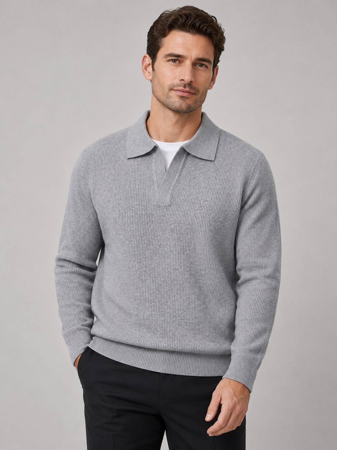 Men’s Johnny Collar Jumper Heavyweight Knit Long Sleeve Spring Autumn Polo Pullover for Business Casual and Everyday Wear