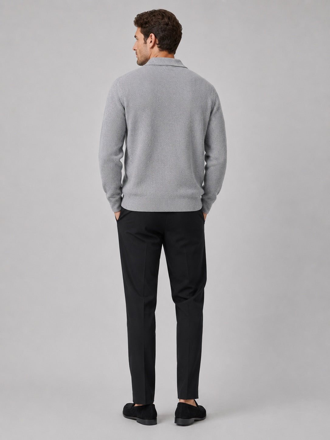 Men’s Johnny Collar Jumper Heavyweight Knit Long Sleeve Spring Autumn Polo Pullover for Business Casual and Everyday Wear