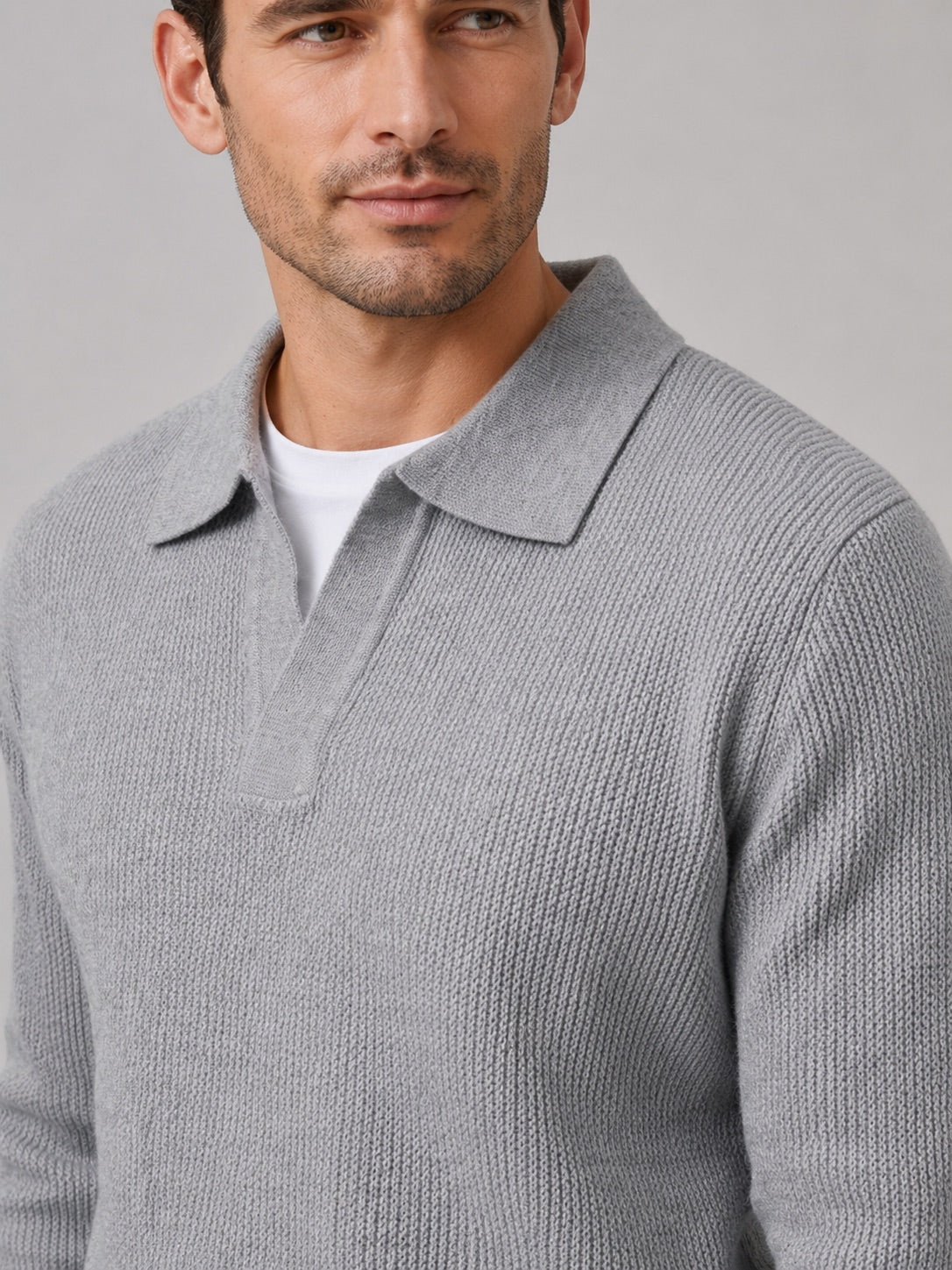 Men’s Johnny Collar Jumper Heavyweight Knit Long Sleeve Spring Autumn Polo Pullover for Business Casual and Everyday Wear