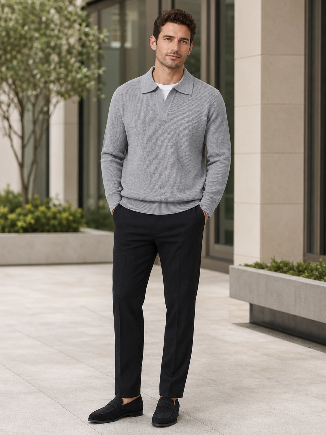 Men’s Johnny Collar Jumper Heavyweight Knit Long Sleeve Spring Autumn Polo Pullover for Business Casual and Everyday Wear