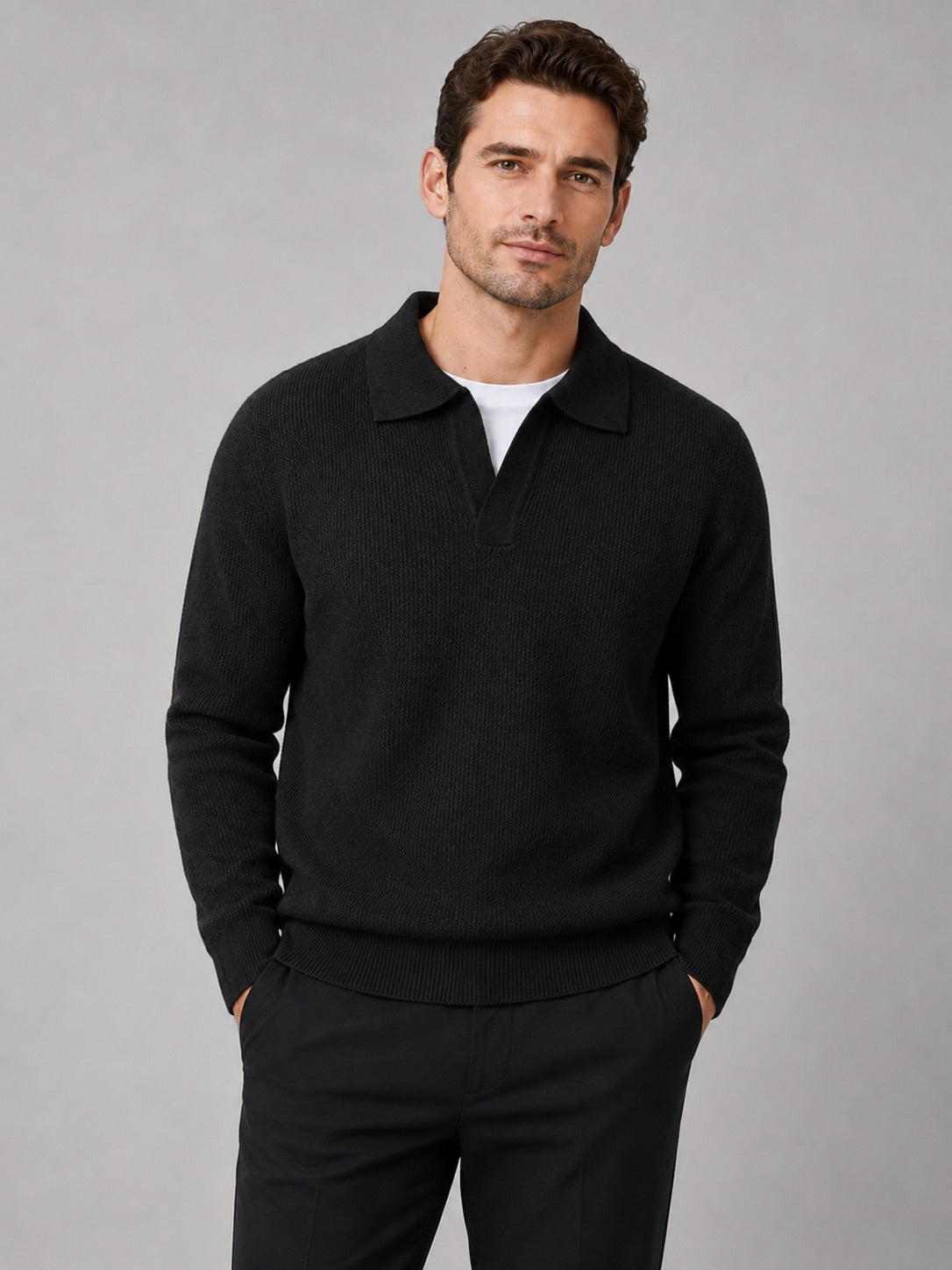Men’s Johnny Collar Jumper Heavyweight Knit Long Sleeve Spring Autumn Polo Pullover for Business Casual and Everyday Wear