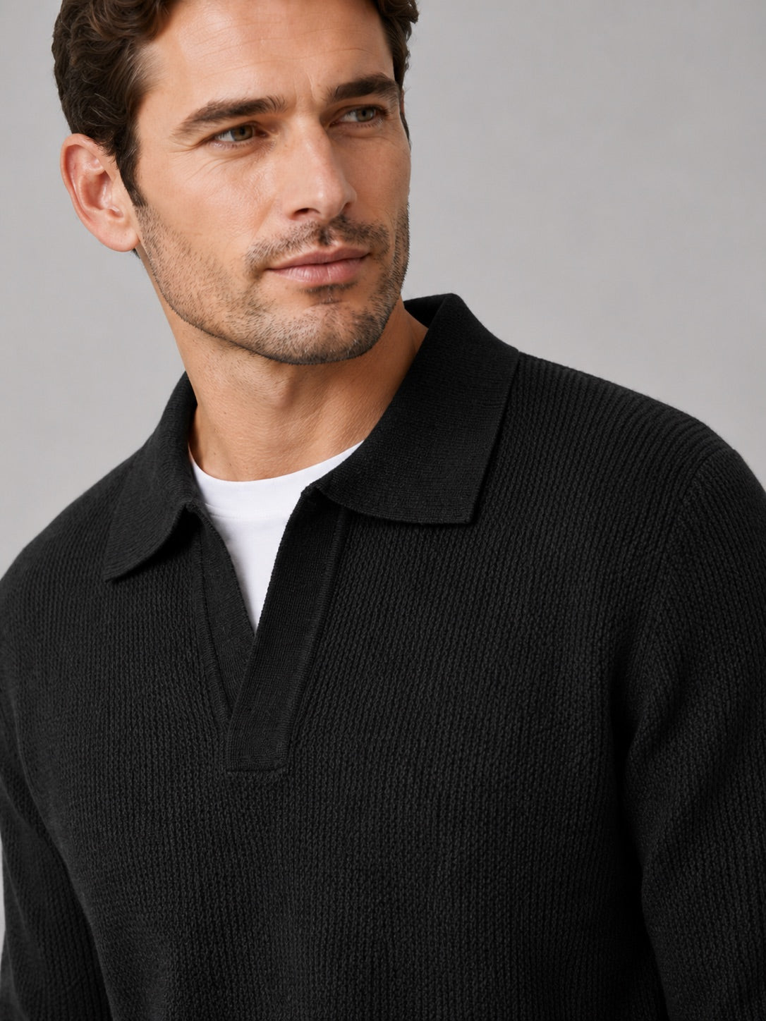 Men’s Johnny Collar Jumper Heavyweight Knit Long Sleeve Spring Autumn Polo Pullover for Business Casual and Everyday Wear