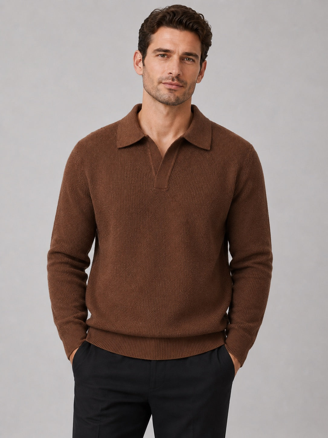 Men’s Johnny Collar Jumper Heavyweight Knit Long Sleeve Spring Autumn Polo Pullover for Business Casual and Everyday Wear