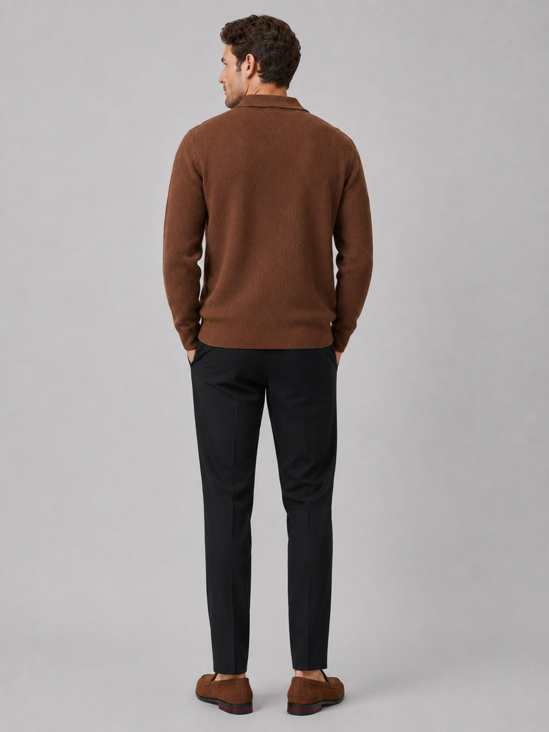 Men’s Johnny Collar Jumper Heavyweight Knit Long Sleeve Spring Autumn Polo Pullover for Business Casual and Everyday Wear