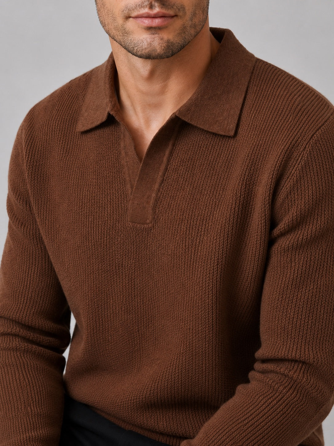 Men’s Johnny Collar Jumper Heavyweight Knit Long Sleeve Spring Autumn Polo Pullover for Business Casual and Everyday Wear