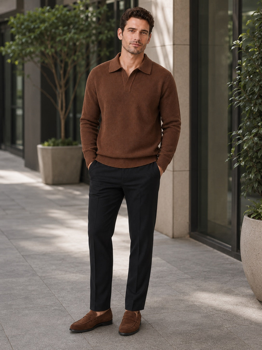 Men’s Johnny Collar Jumper Heavyweight Knit Long Sleeve Spring Autumn Polo Pullover for Business Casual and Everyday Wear