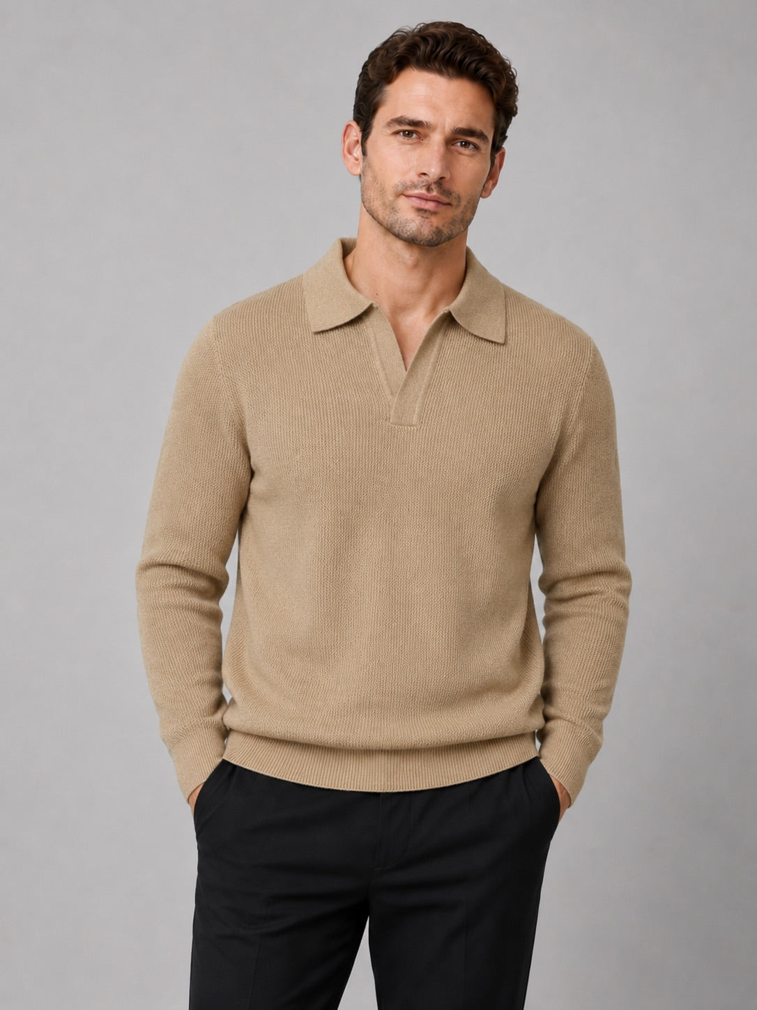 Men’s Johnny Collar Jumper Heavyweight Knit Long Sleeve Spring Autumn Polo Pullover for Business Casual and Everyday Wear