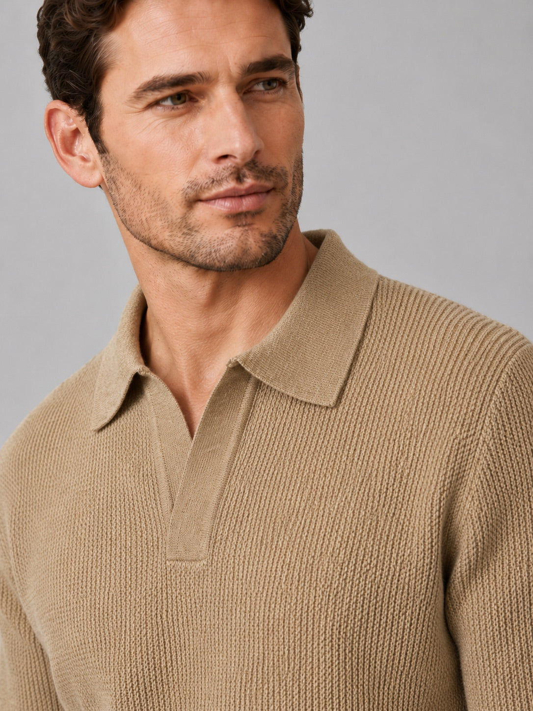 Men’s Johnny Collar Jumper Heavyweight Knit Long Sleeve Spring Autumn Polo Pullover for Business Casual and Everyday Wear