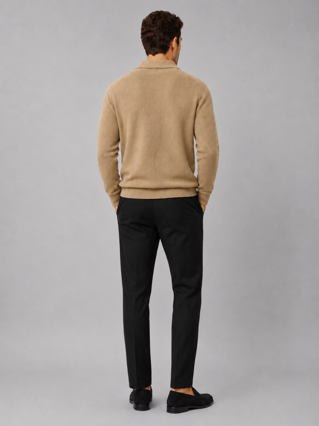 Men’s Johnny Collar Jumper Heavyweight Knit Long Sleeve Spring Autumn Polo Pullover for Business Casual and Everyday Wear