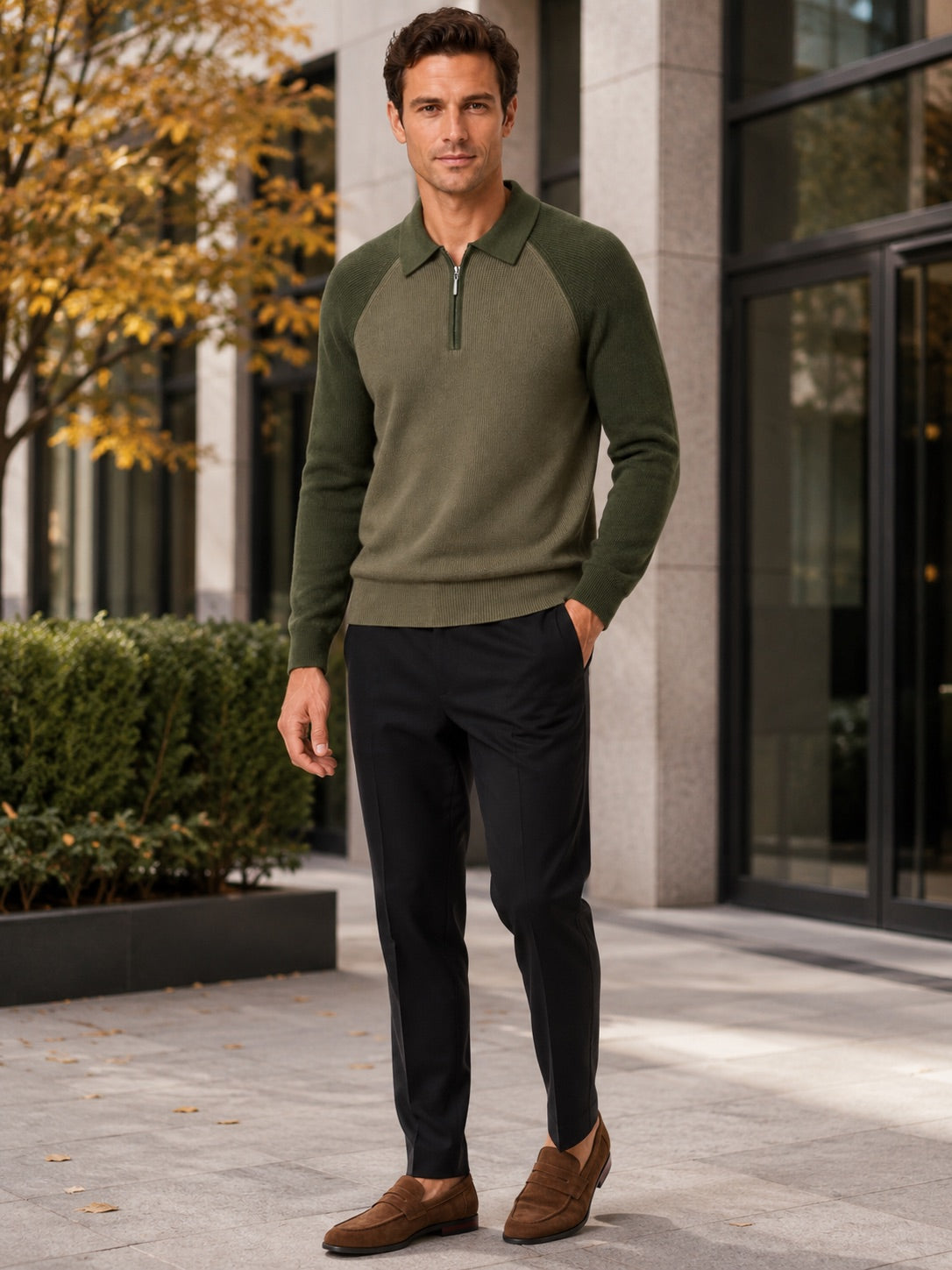 Men’s Quarter Zip Jumper Polo Slim Fit Long Sleeve Knit Autumn Winter Pullover for Business Casual and Everyday Wear