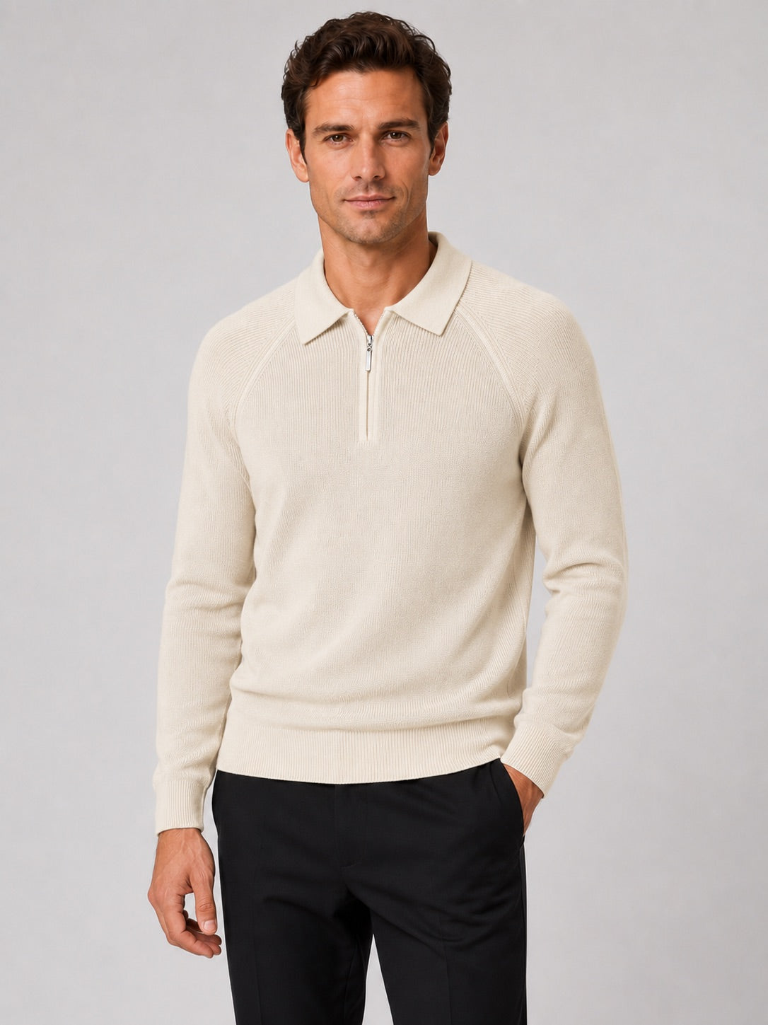Men’s Quarter Zip Jumper Polo Slim Fit Long Sleeve Knit Autumn Winter Pullover for Business Casual and Everyday Wear