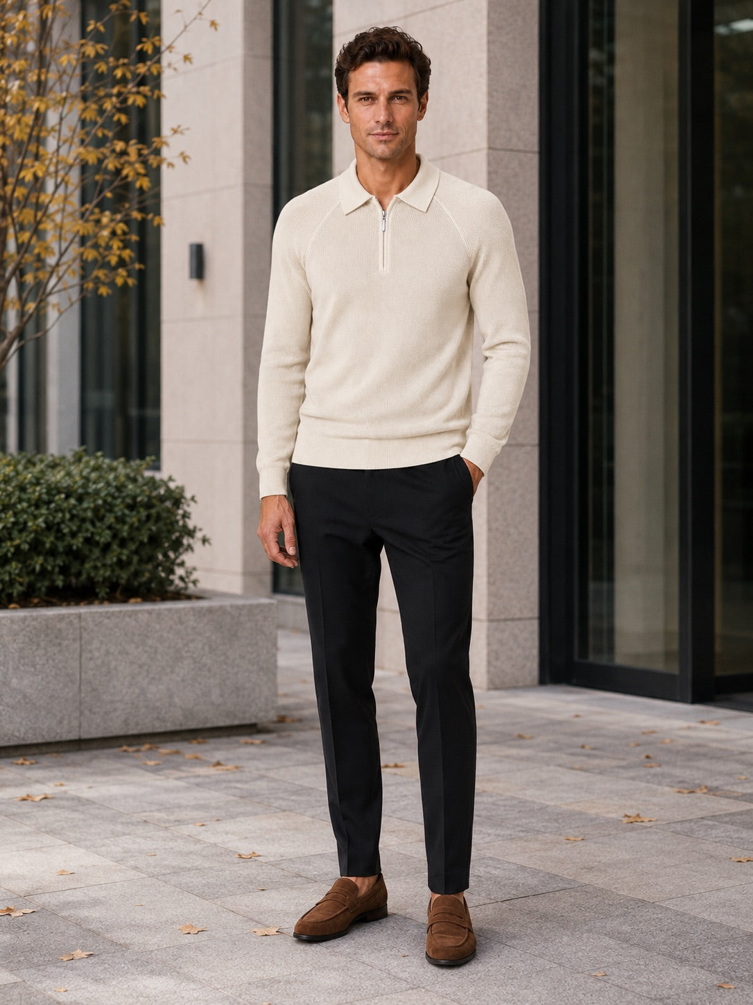 Men’s Quarter Zip Jumper Polo Slim Fit Long Sleeve Knit Autumn Winter Pullover for Business Casual and Everyday Wear