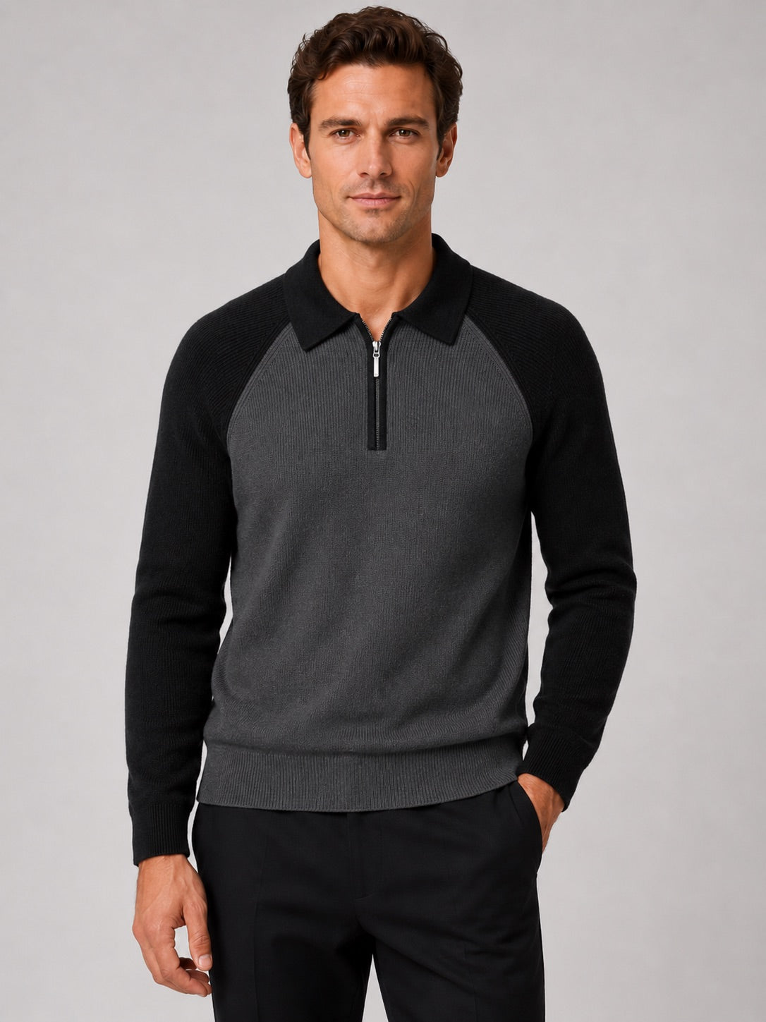 Men’s Quarter Zip Jumper Polo Slim Fit Long Sleeve Knit Autumn Winter Pullover for Business Casual and Everyday Wear