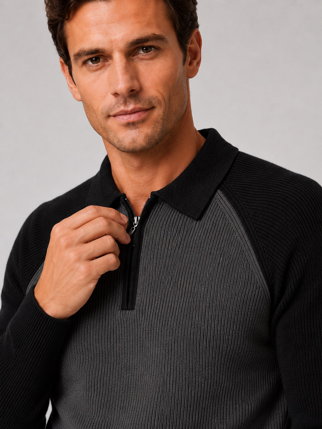 Men’s Quarter Zip Jumper Polo Slim Fit Long Sleeve Knit Autumn Winter Pullover for Business Casual and Everyday Wear