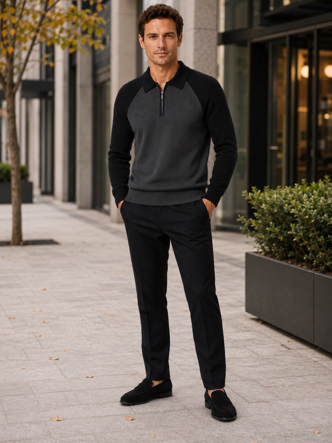 Men’s Quarter Zip Jumper Polo Slim Fit Long Sleeve Knit Autumn Winter Pullover for Business Casual and Everyday Wear