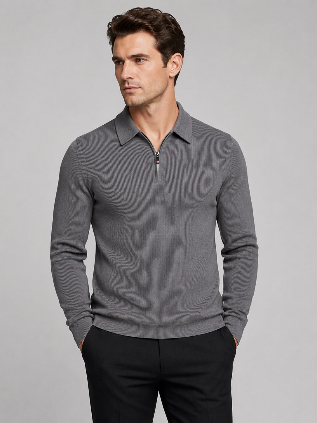 Men’s Quarter Zip Long Sleeve Polo Lapel Autumn Top for Business Casual and Office Wear