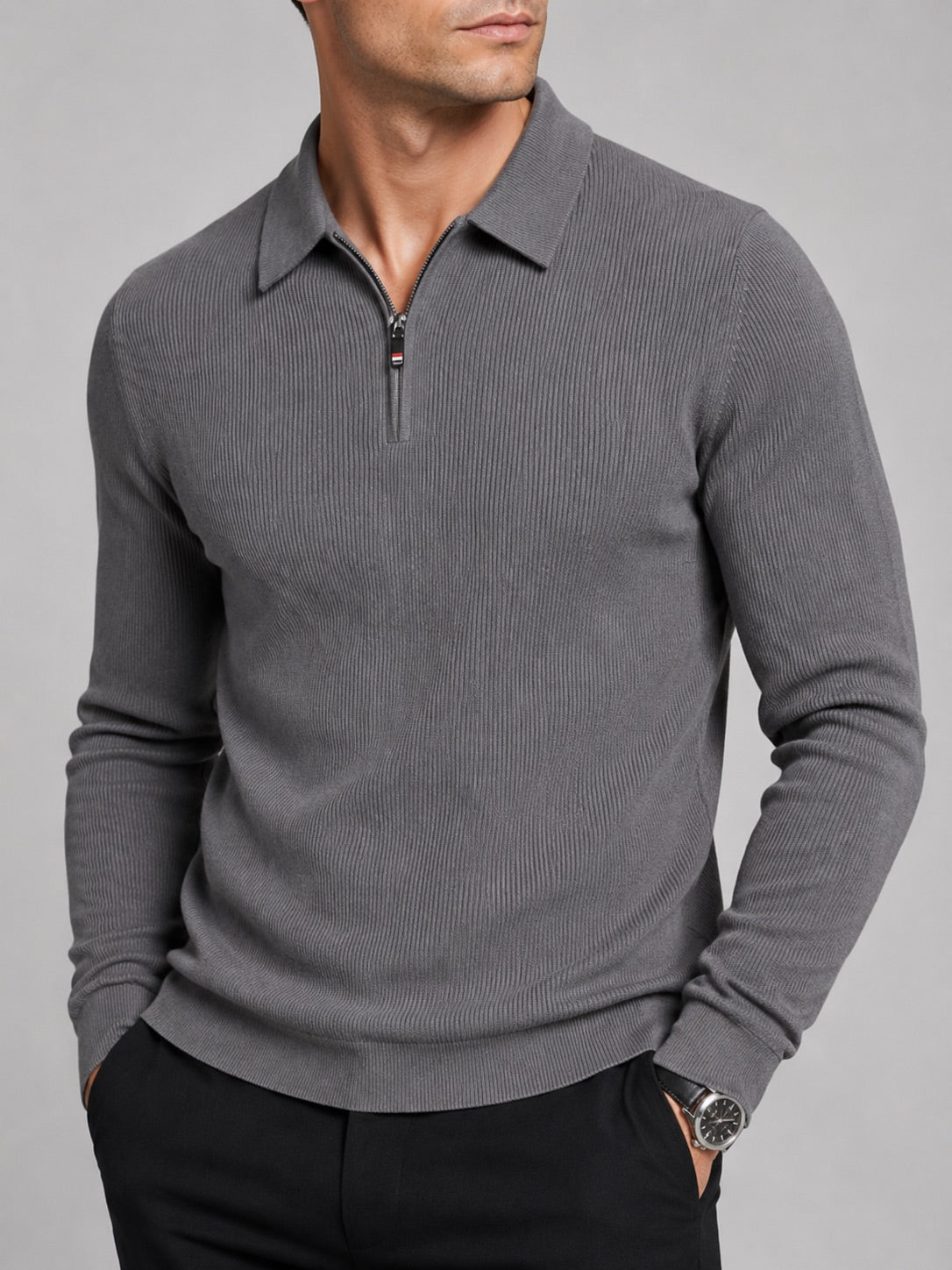 Men’s Quarter Zip Long Sleeve Polo Lapel Autumn Top for Business Casual and Office Wear