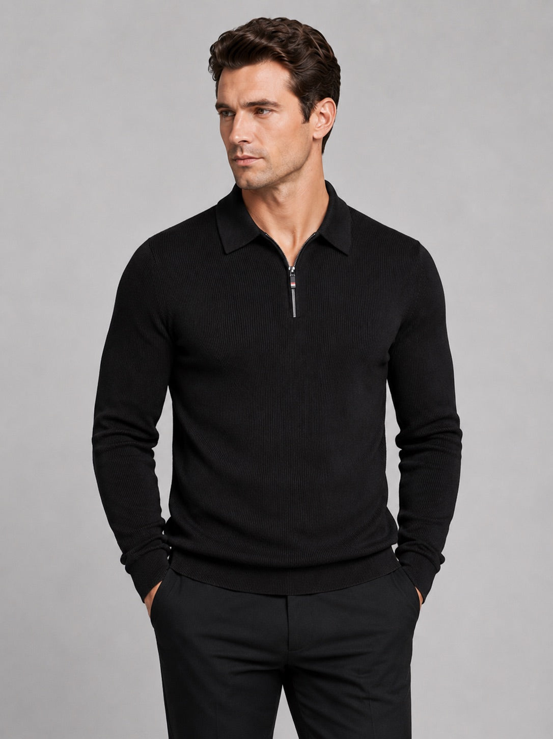 Men’s Quarter Zip Long Sleeve Polo Lapel Autumn Top for Business Casual and Office Wear