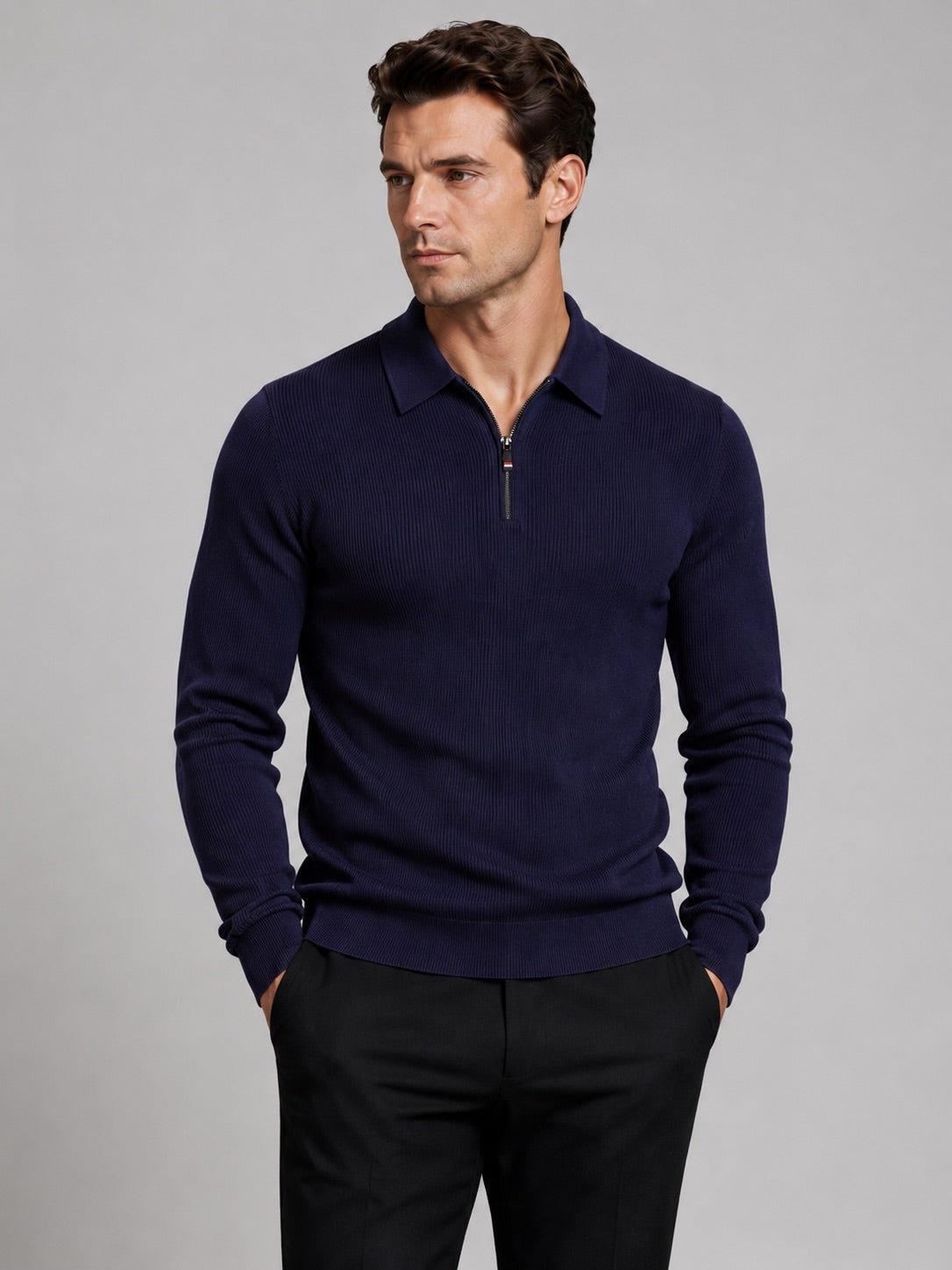 Men’s Quarter Zip Long Sleeve Polo Lapel Autumn Top for Business Casual and Office Wear