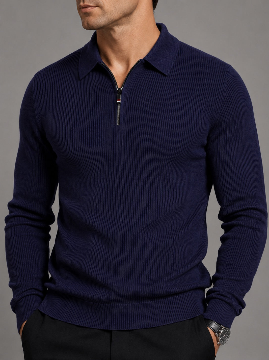 Men’s Quarter Zip Long Sleeve Polo Lapel Autumn Top for Business Casual and Office Wear