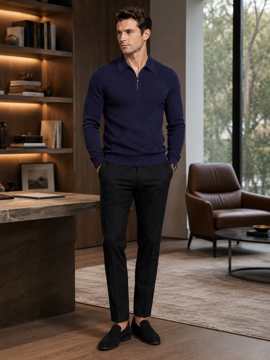 Men’s Quarter Zip Long Sleeve Polo Lapel Autumn Top for Business Casual and Office Wear