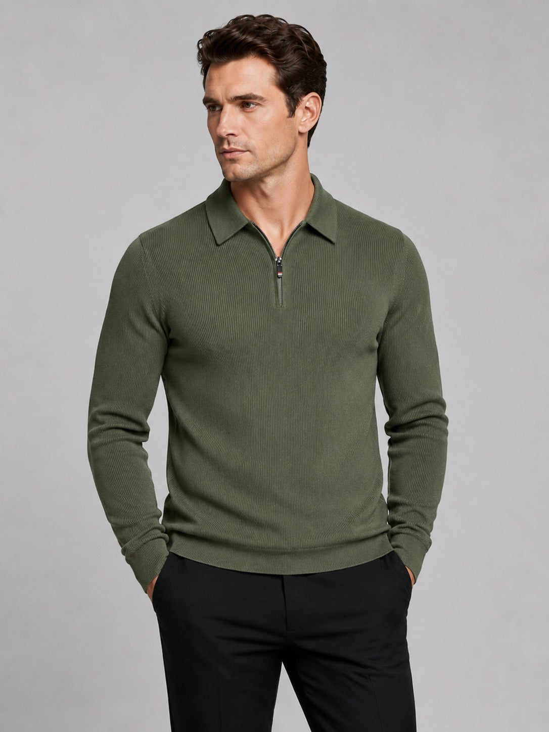 Men’s Quarter Zip Long Sleeve Polo Lapel Autumn Top for Business Casual and Office Wear