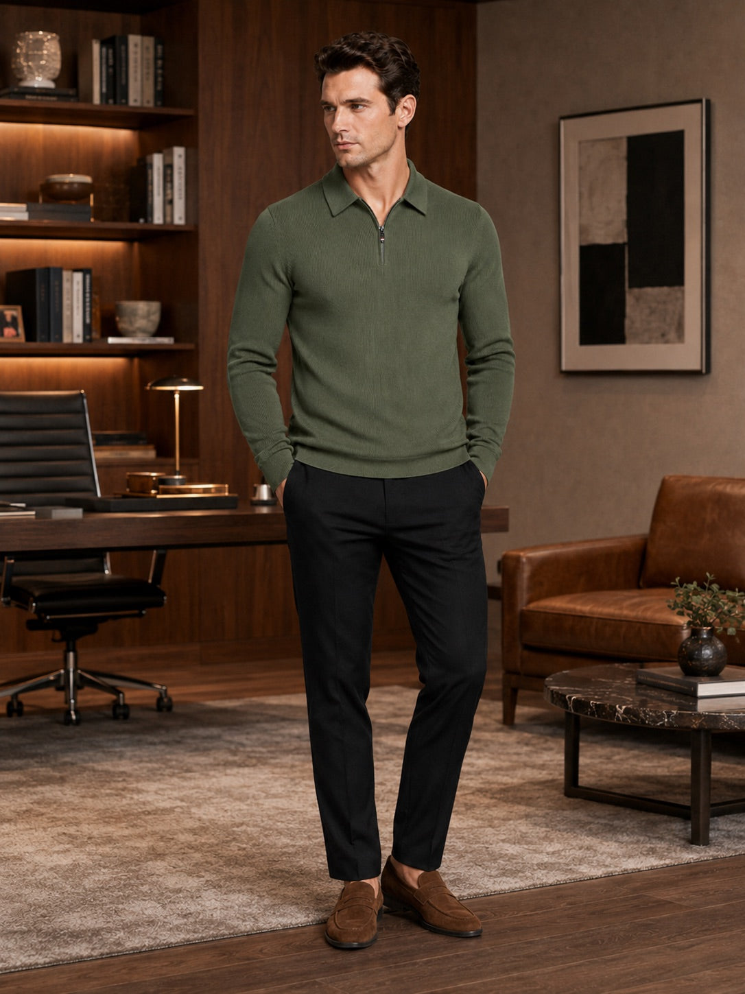 Men’s Quarter Zip Long Sleeve Polo Lapel Autumn Top for Business Casual and Office Wear
