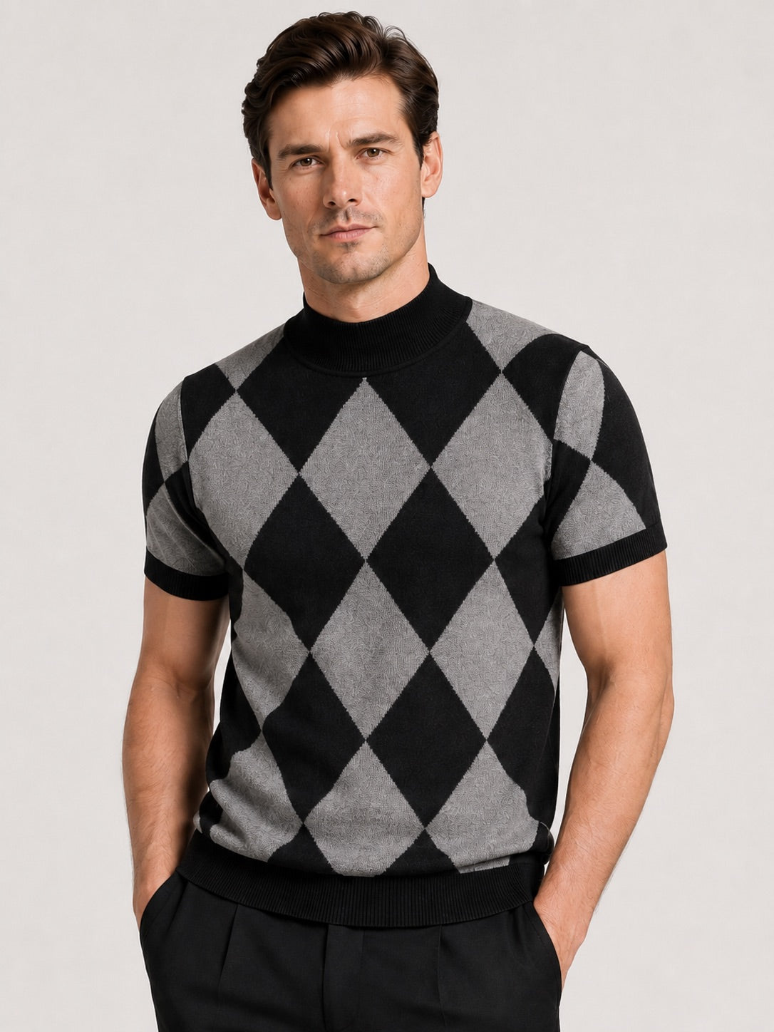 Men’s Argyle Roll Neck T-Shirt Slim Fit Diamond Lattice Short Sleeve Knit Winter Top for Business Casual