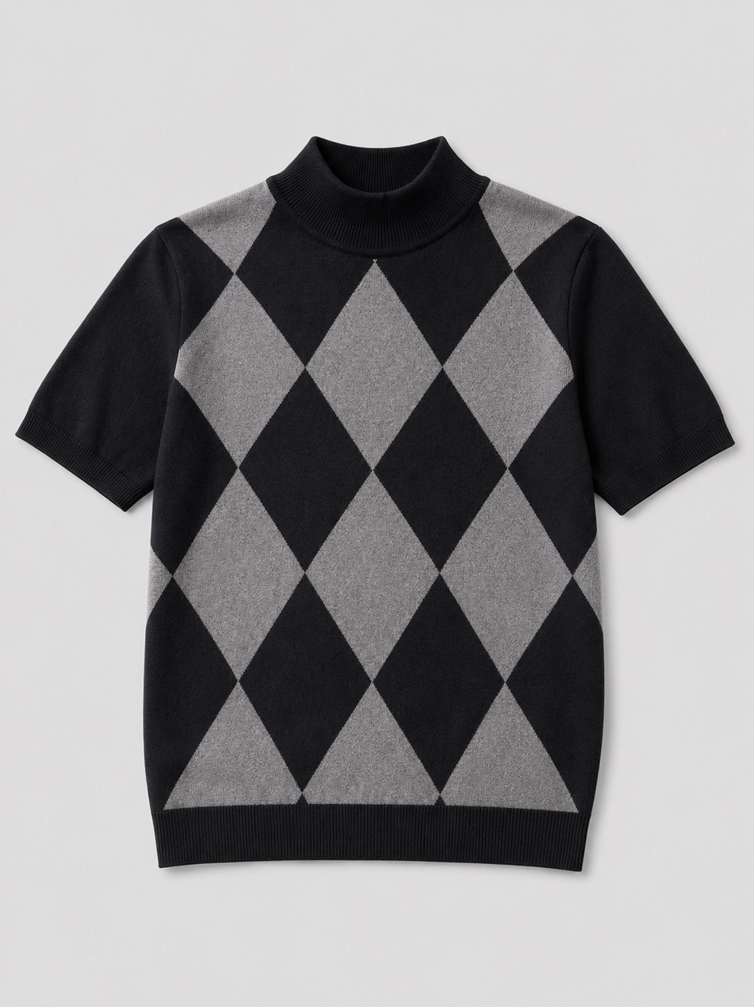 Men’s Argyle Roll Neck T-Shirt Slim Fit Diamond Lattice Short Sleeve Knit Winter Top for Business Casual