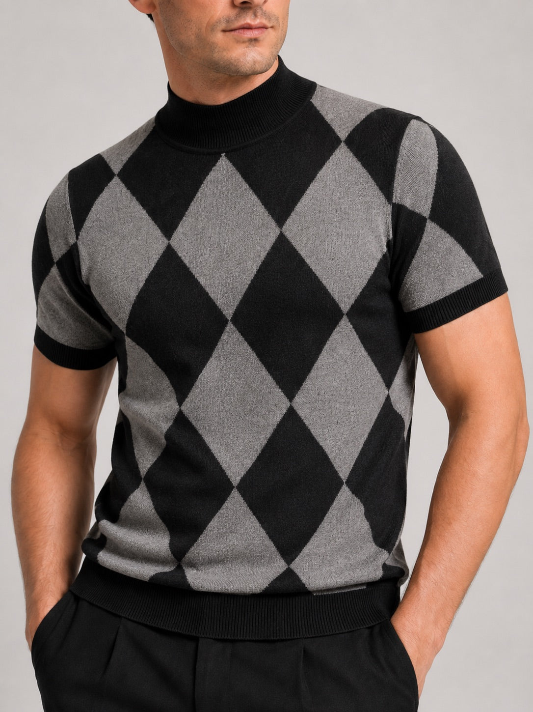 Men’s Argyle Roll Neck T-Shirt Slim Fit Diamond Lattice Short Sleeve Knit Winter Top for Business Casual