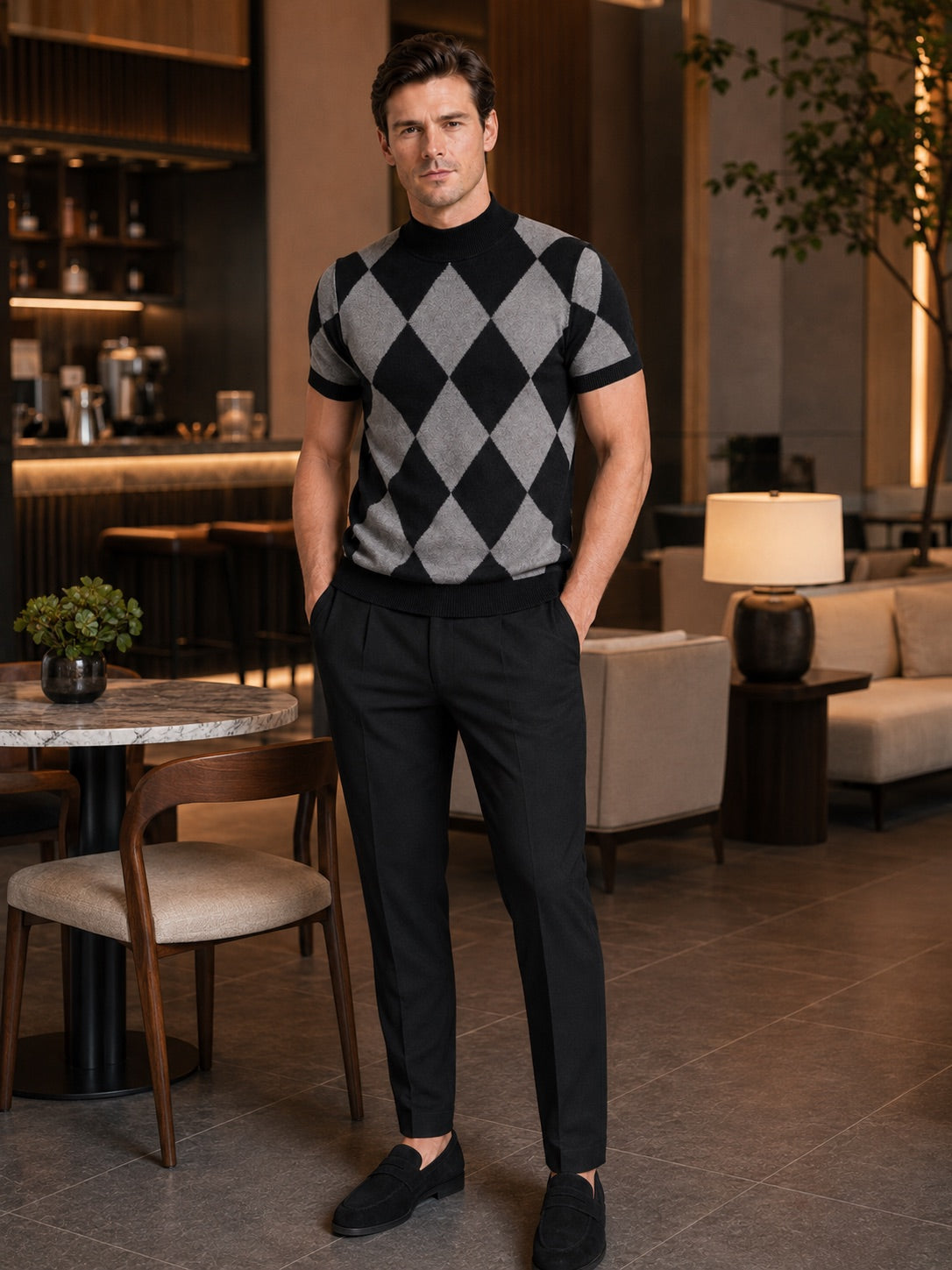 Men’s Argyle Roll Neck T-Shirt Slim Fit Diamond Lattice Short Sleeve Knit Winter Top for Business Casual