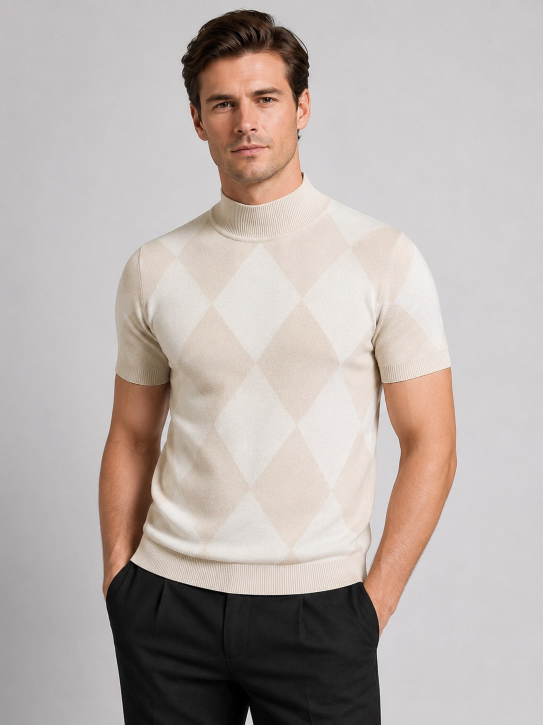 Men’s Argyle Roll Neck T-Shirt Slim Fit Diamond Lattice Short Sleeve Knit Winter Top for Business Casual